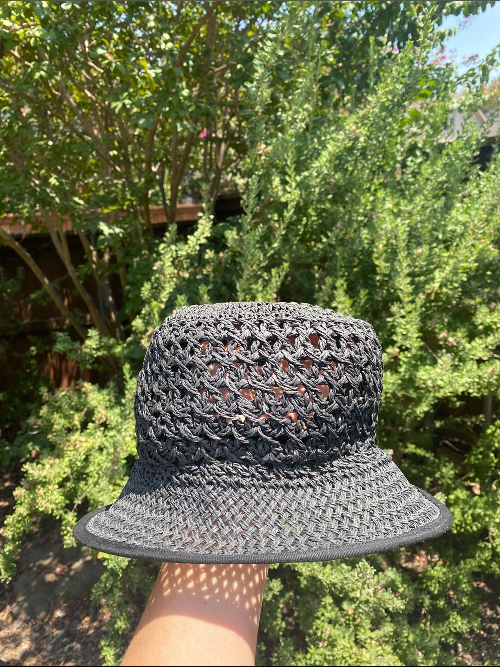BETMAR Black Crochet Open Weave Hat with Grosgrain Trim